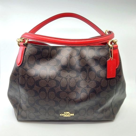 Coach Handbags - Coach Brown Signature Canvas Shoulder Bag with Red Trim